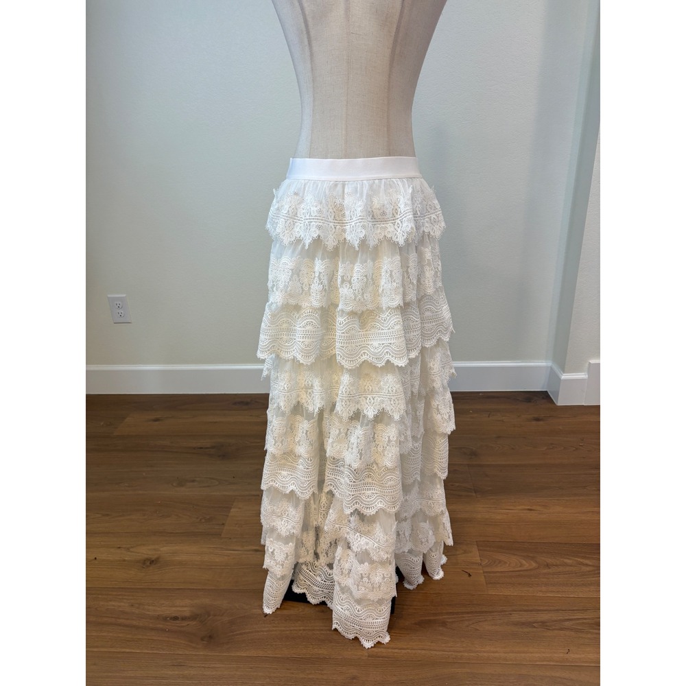 AllSaints Lizi Maxi Skirt Womens 8 White Tiered Lace Mesh Boho Ethereal Coquette - Picture 5 of 7